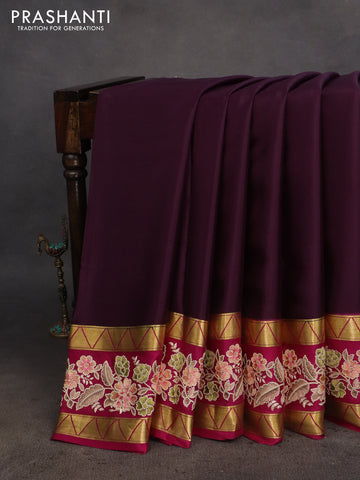 Pure mysore silk saree deep violet and magenta pink with plain body and long zari woven floral embroidery work border