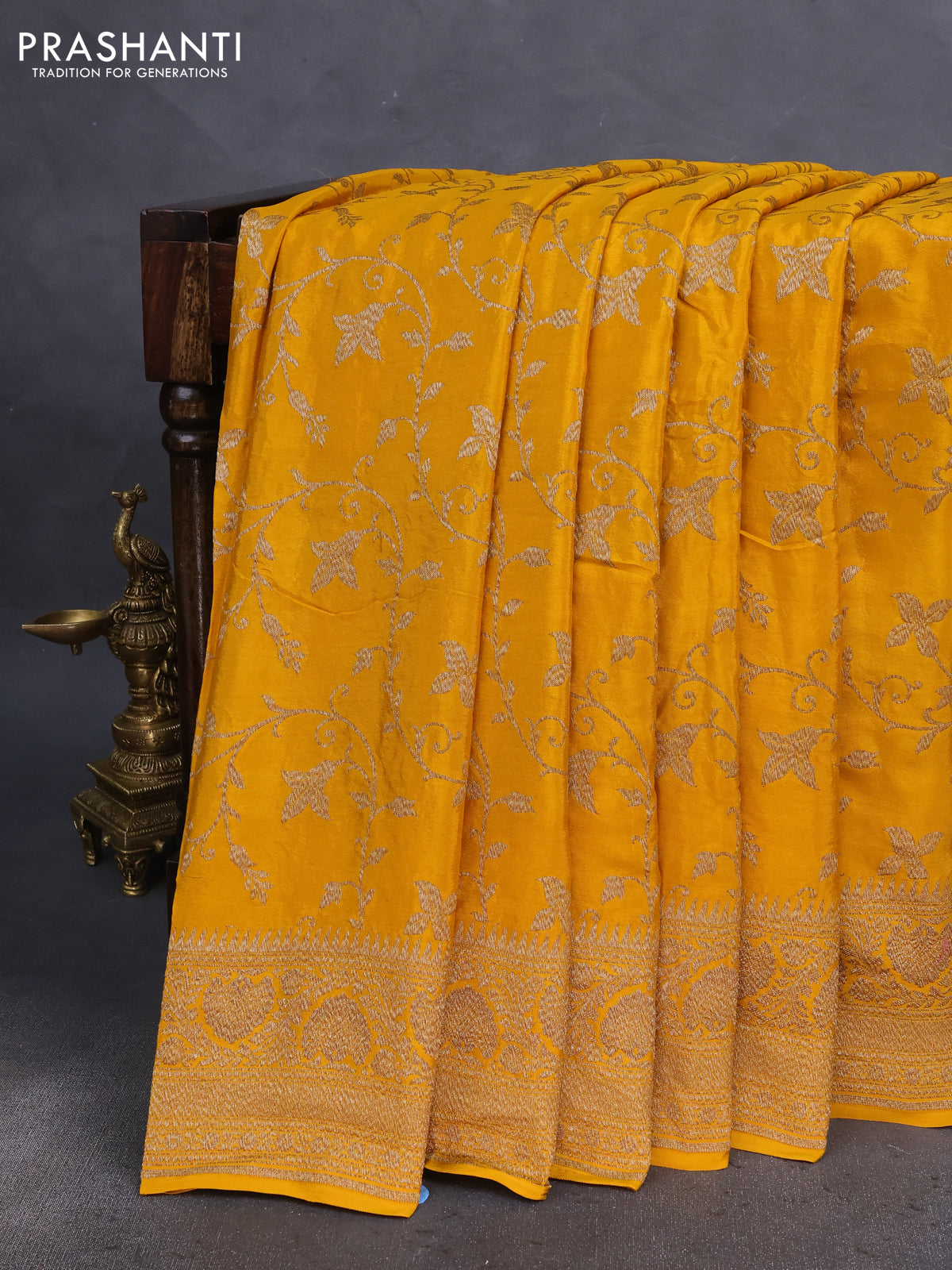 Banarasi crepe saree mustard yellow with allover thread & zari weaves and woven border
