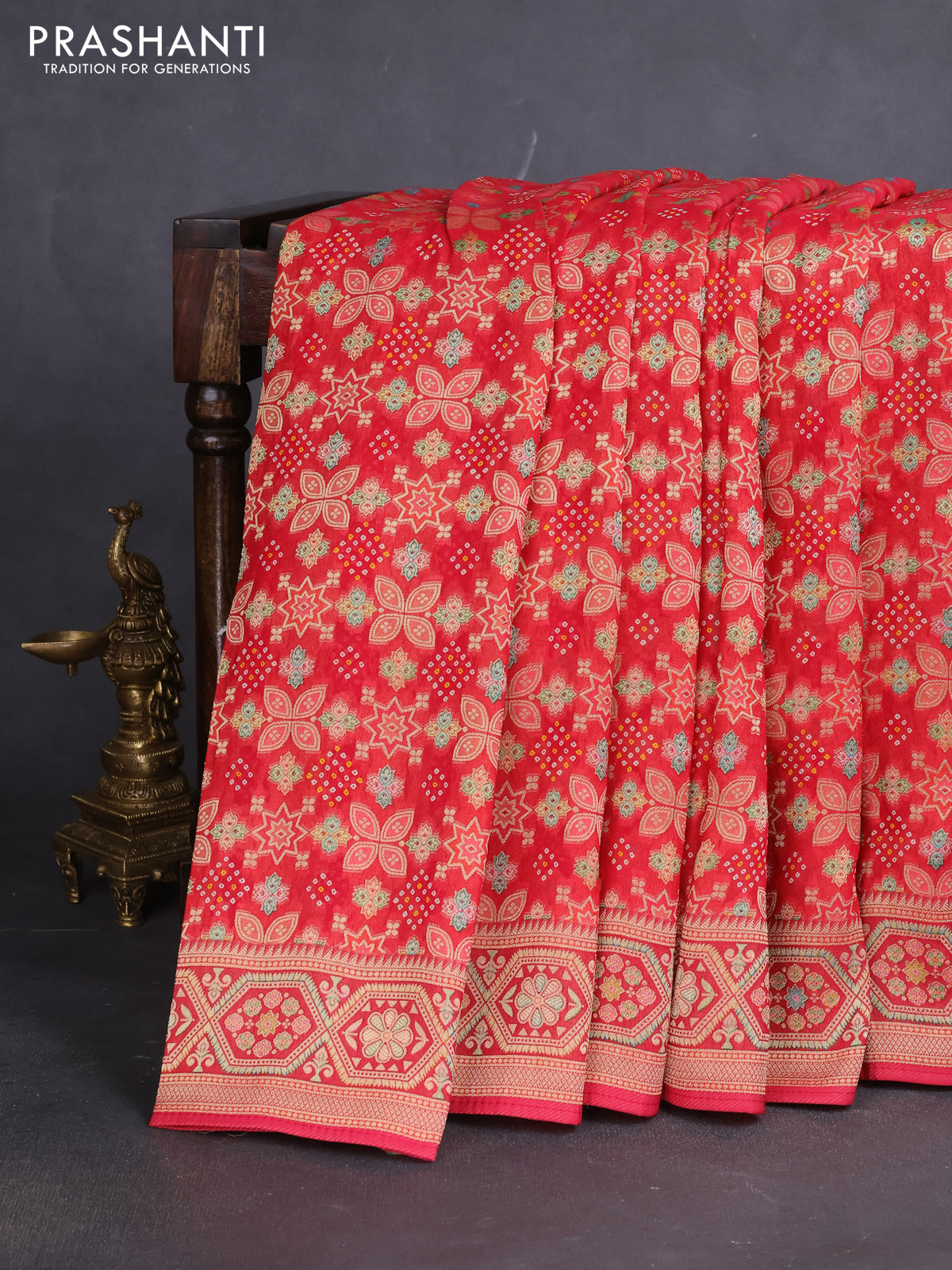 Banarasi georgette saree red with bandhani prints & mina weaves