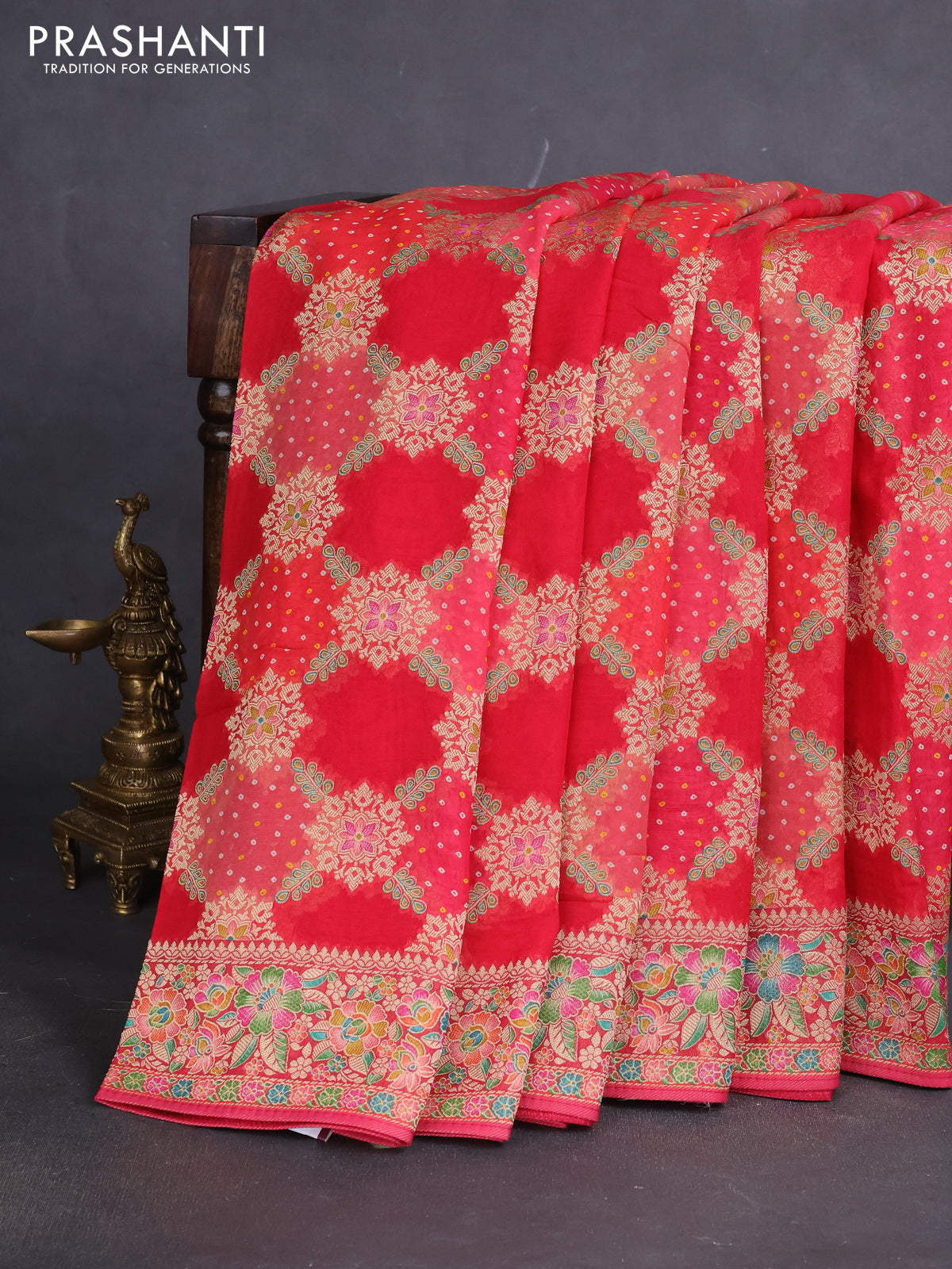 Banarasi georgette saree red with bandhani prints & mina weaves