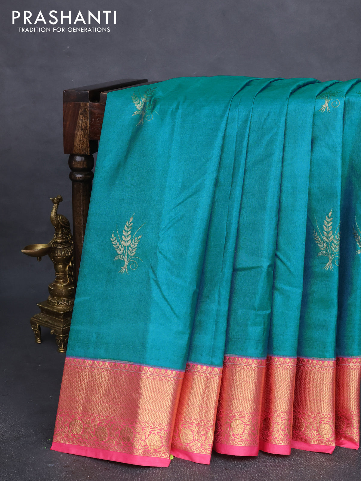 Bangalori silk saree teal blue and pink with zari woven buttas and zari woven border