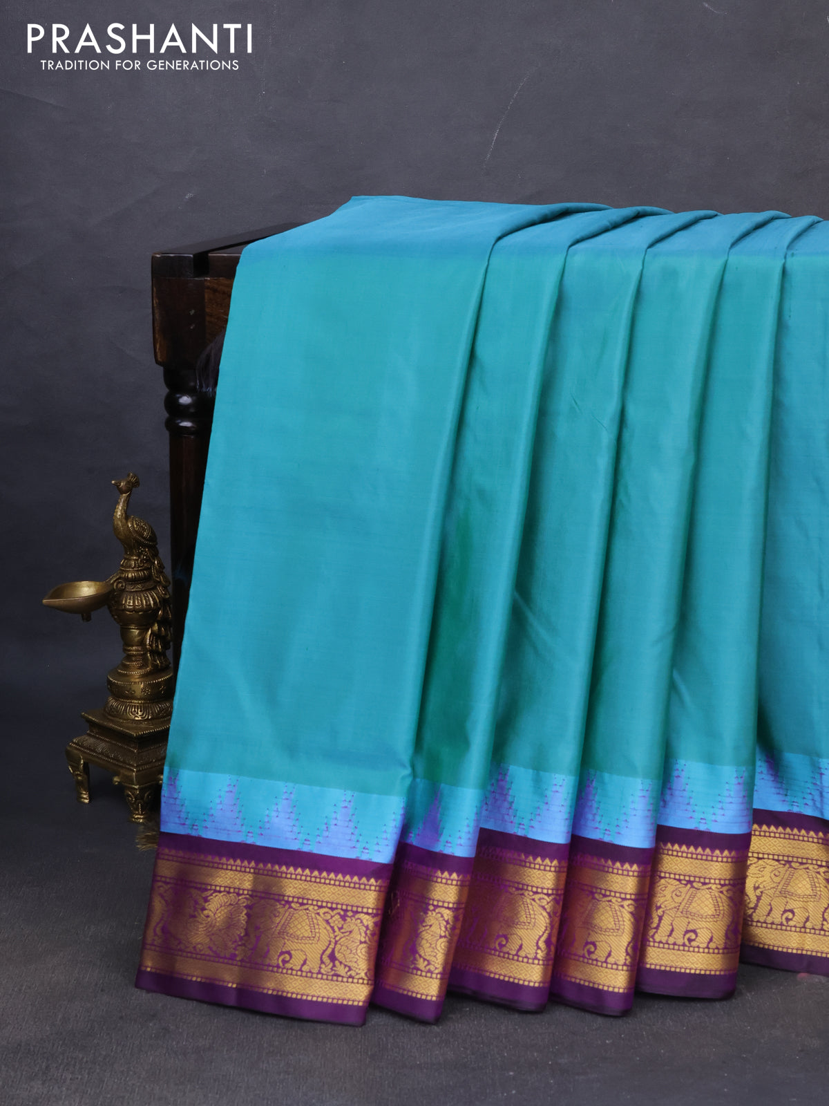 10yards pure silk saree teal green shade and purple with plain body and temple design zari woven border