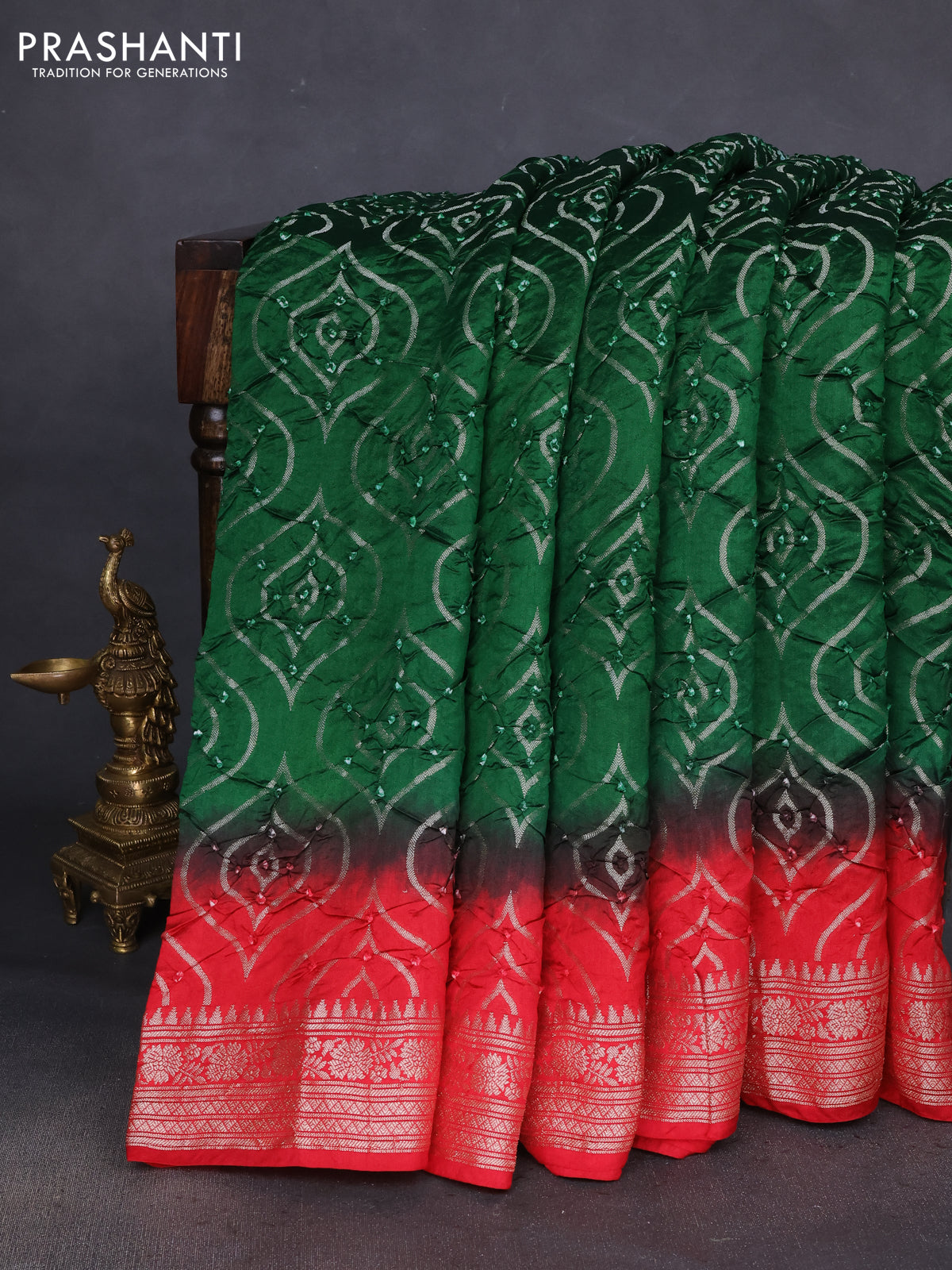 Chiniya silk saree green and red with allover bandhani prints & zari weaves and zari woven border