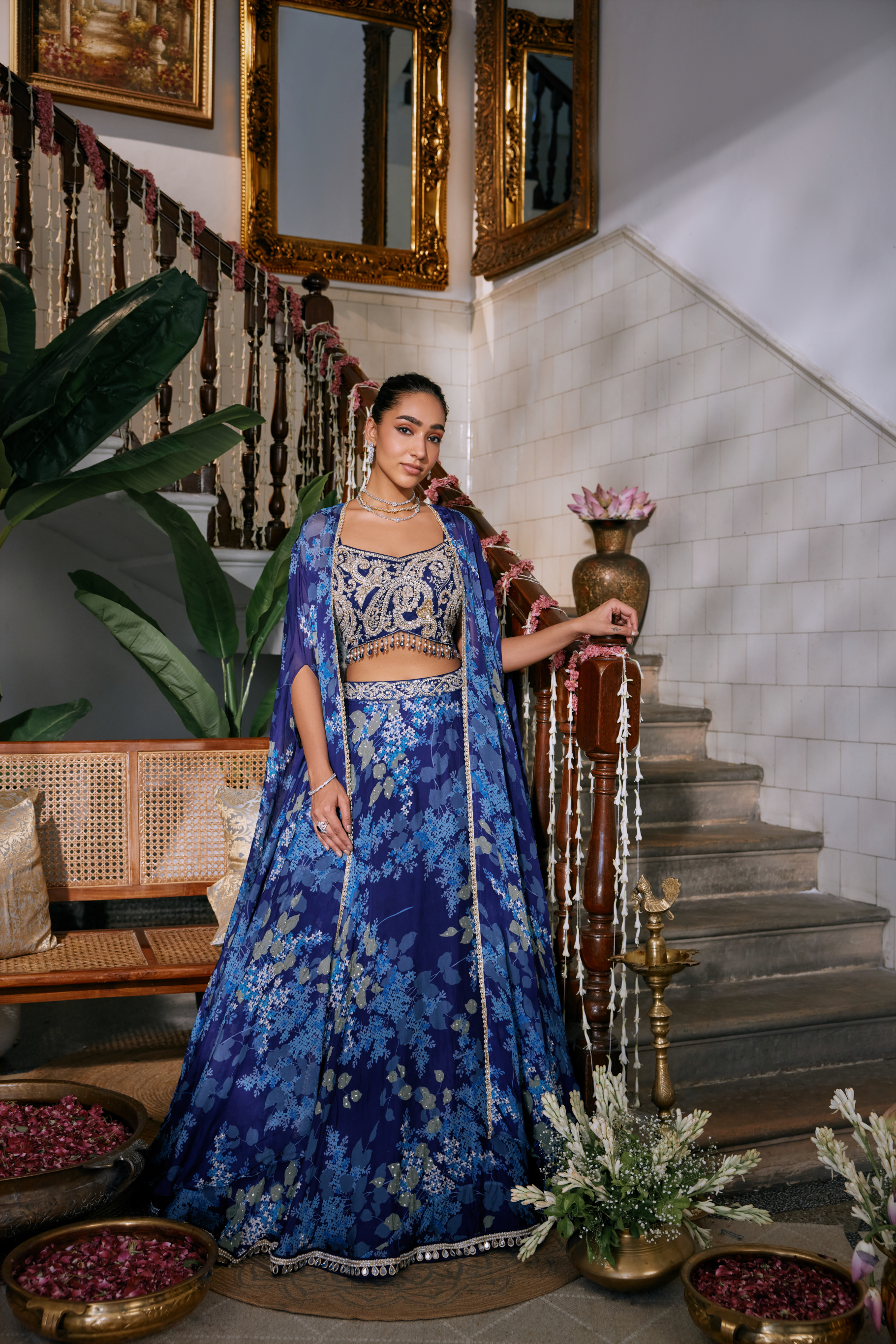 Blue Chinon Jacket Ghagra Set