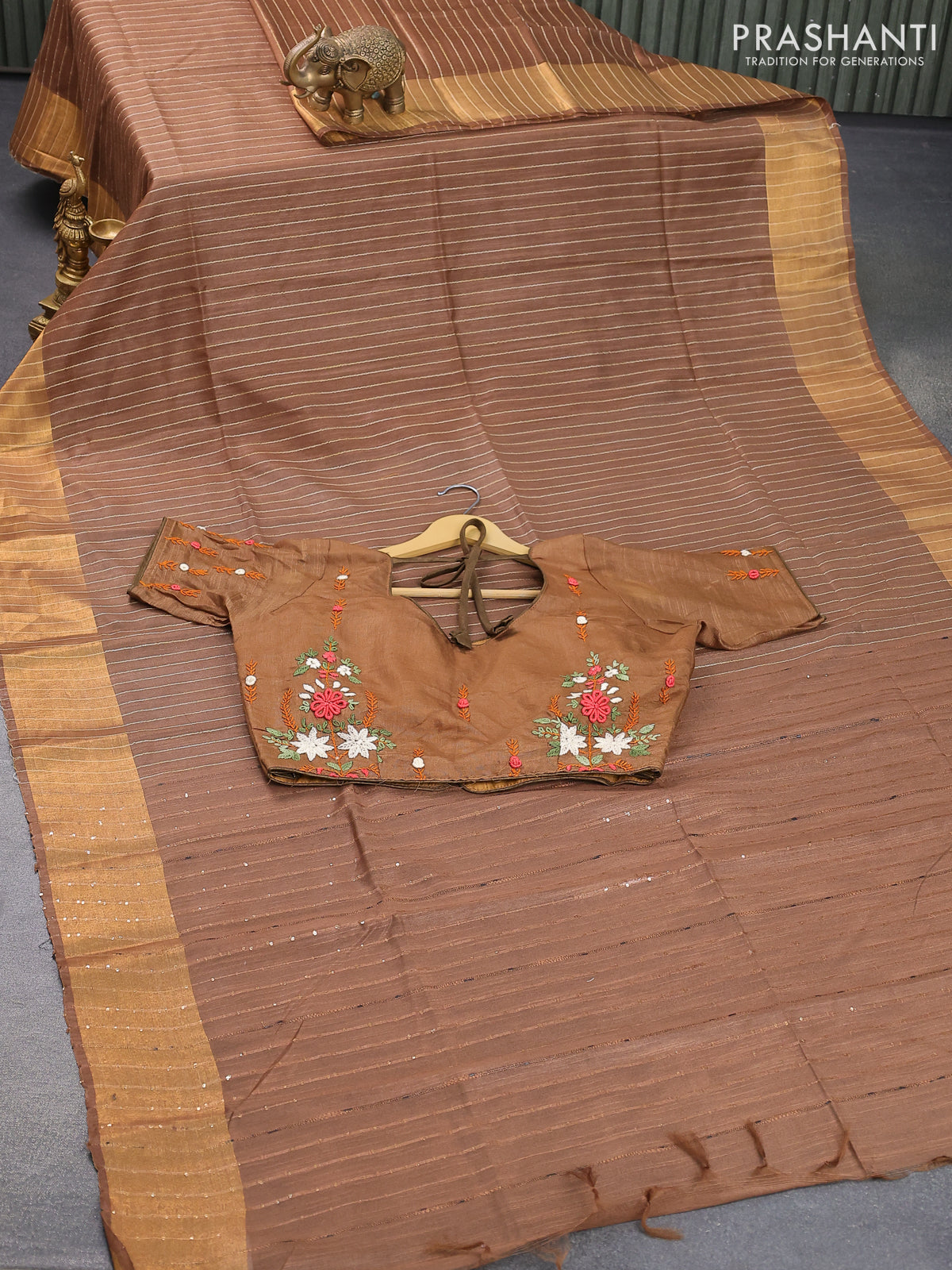 Semi raw silk saree brown shade with allover stripes pattern and sequin work pallu & embroidery work readymade blouse