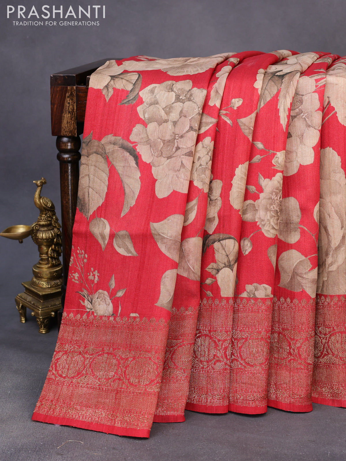 Banarasi tussar silk saree red with allover floral digital prints and banarasi style border