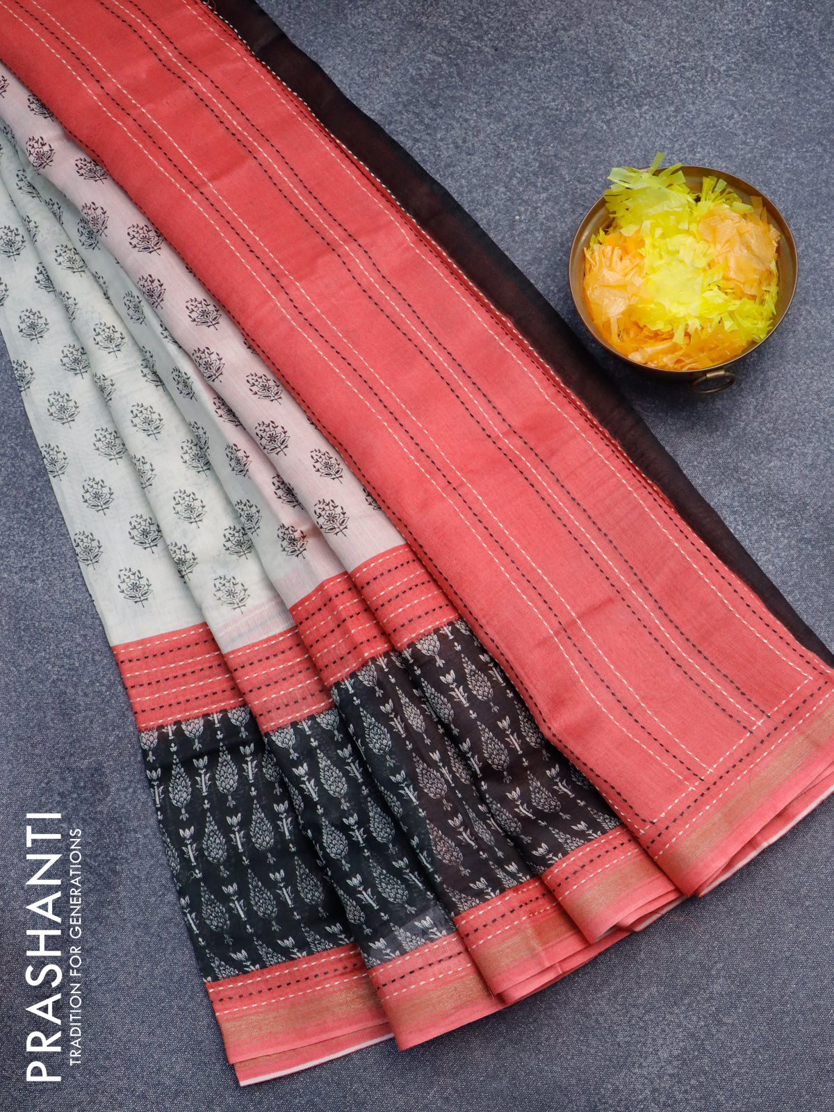 Chanderi silk cotton saree peach shade and off white black with allover butta prints and kantha stitch work border