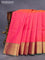 Pure kanchipuram silk saree dual shade of pinkish orange and green with allover self emboss and zari woven border