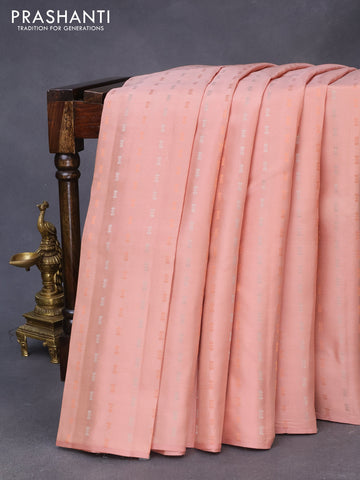 Pure kanchipuram silk saree peach shade and dual shade of pinkish orange with silver & gold zari woven buttas in borderless style