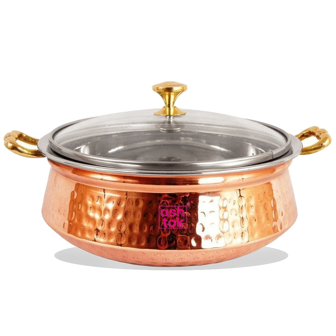 Copper Steel Serving Handi with Glass Lid