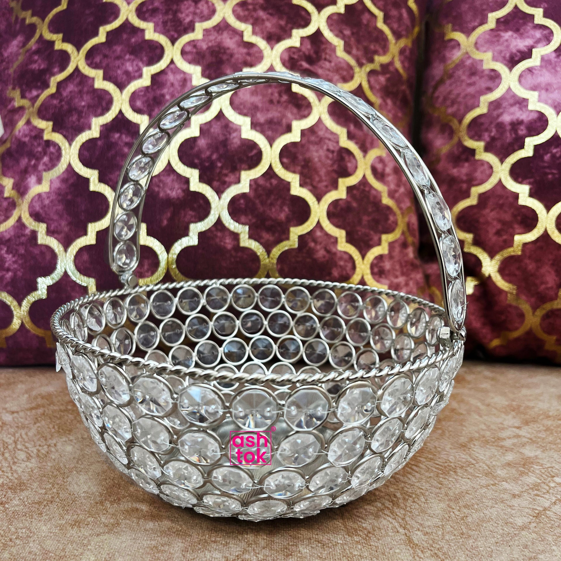 Crystal Basket German Silver, Flower Basket, Fruit Basket for Home Decor (Dia 6 Inches)