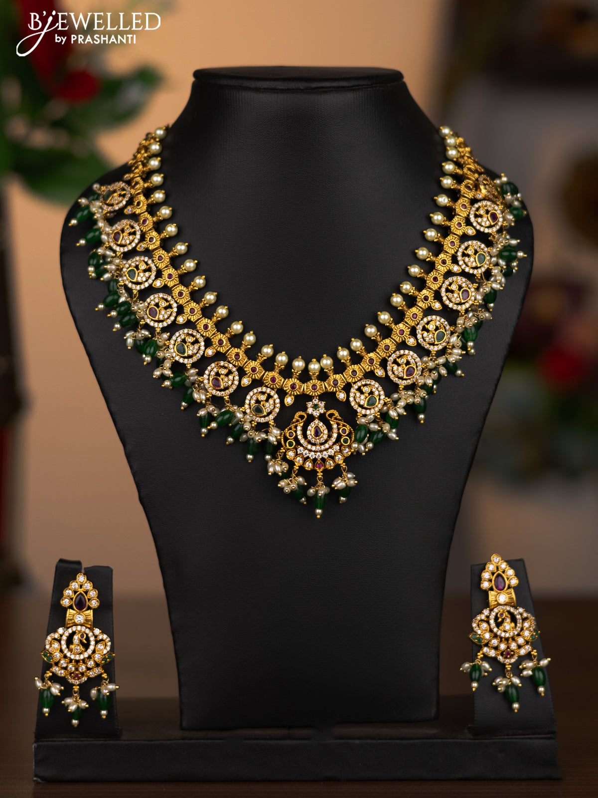 Antique necklace with kemp & cz stones and pearl & green beads hanging