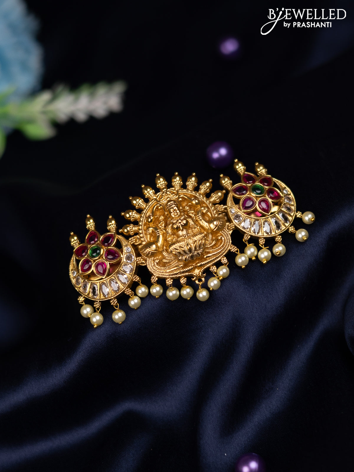 Antique hair clip medium size lakshmi & chandbali design with kemp & cz stones and pearl hangings