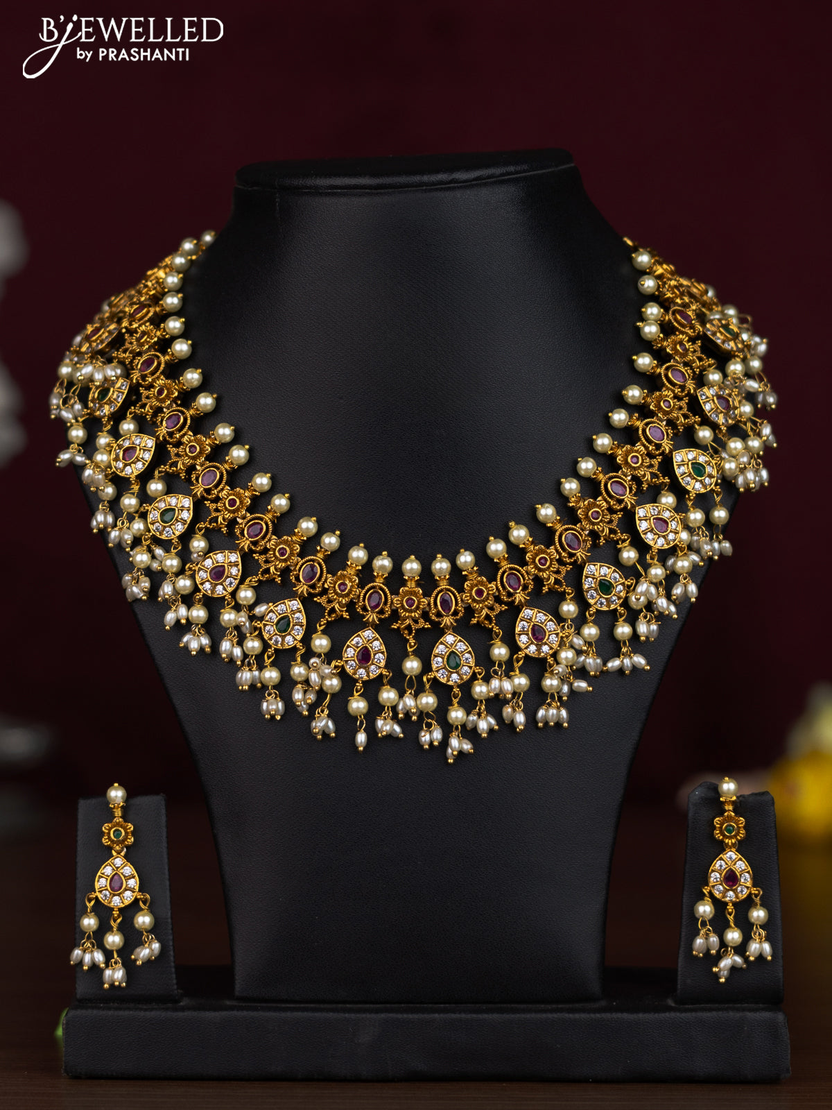 Antique guttapusalu necklace floral design with kemp & cz stones and pearl hangings