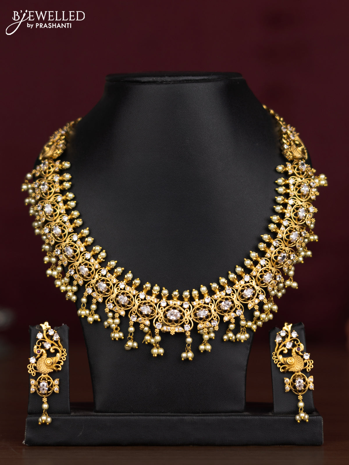 Antique guttapusalu necklace peacock design with cz stones and pearl hangings