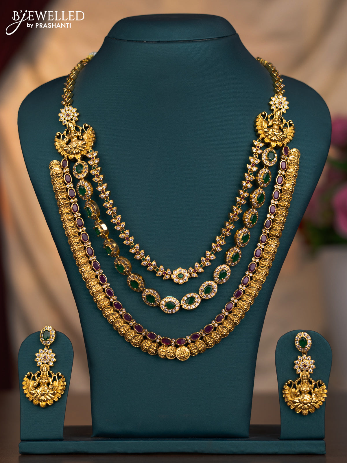 Antique triple layer necklace lakshmi kasu design with kemp and cz stones