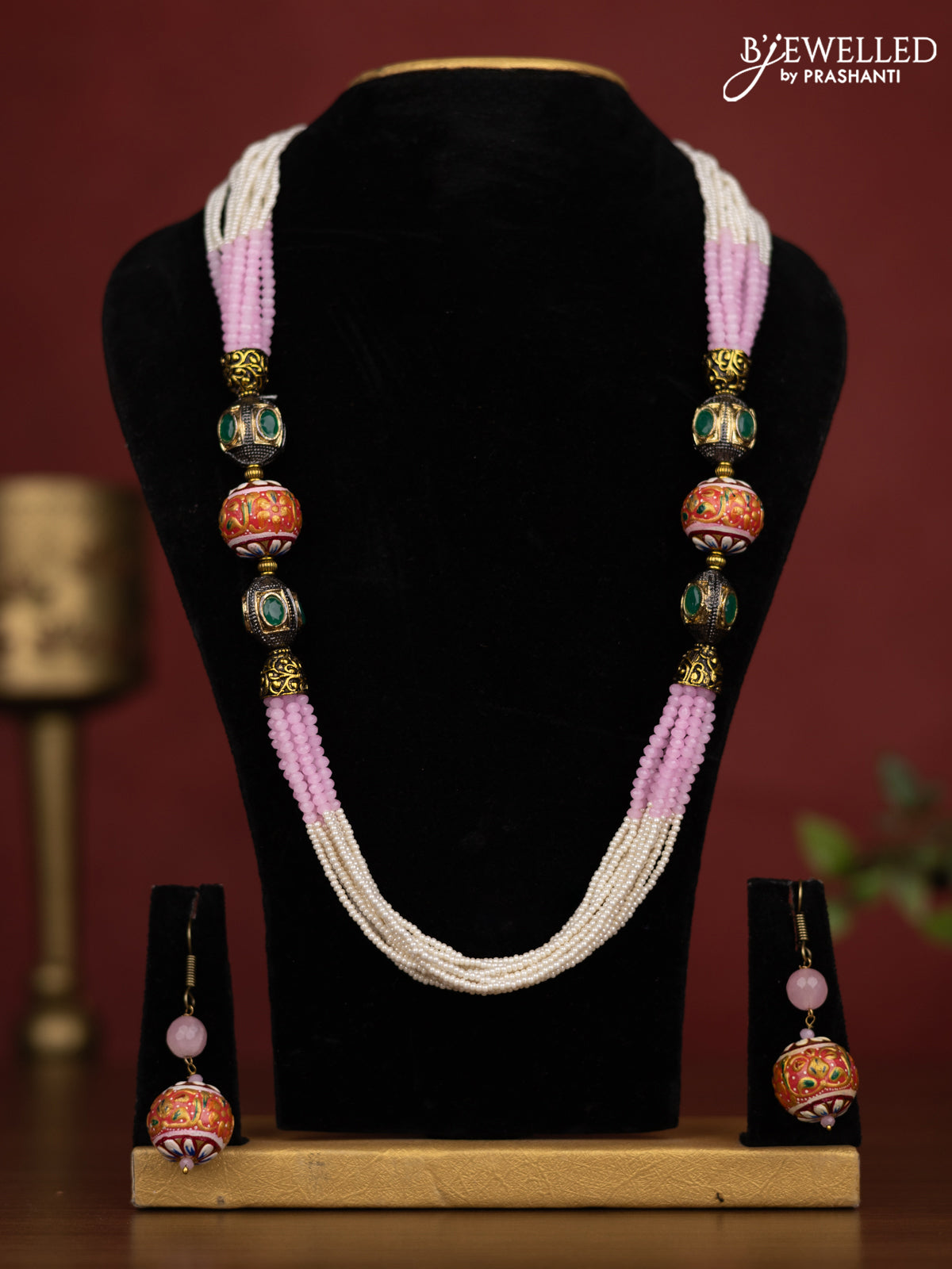 Jaipur crystal beaded pink necklace with minakari balls and with earrings