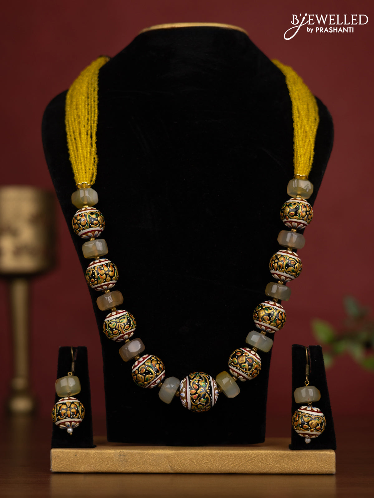 Jaipur crystal yellow and meenakari balls beaded necklace with earrings