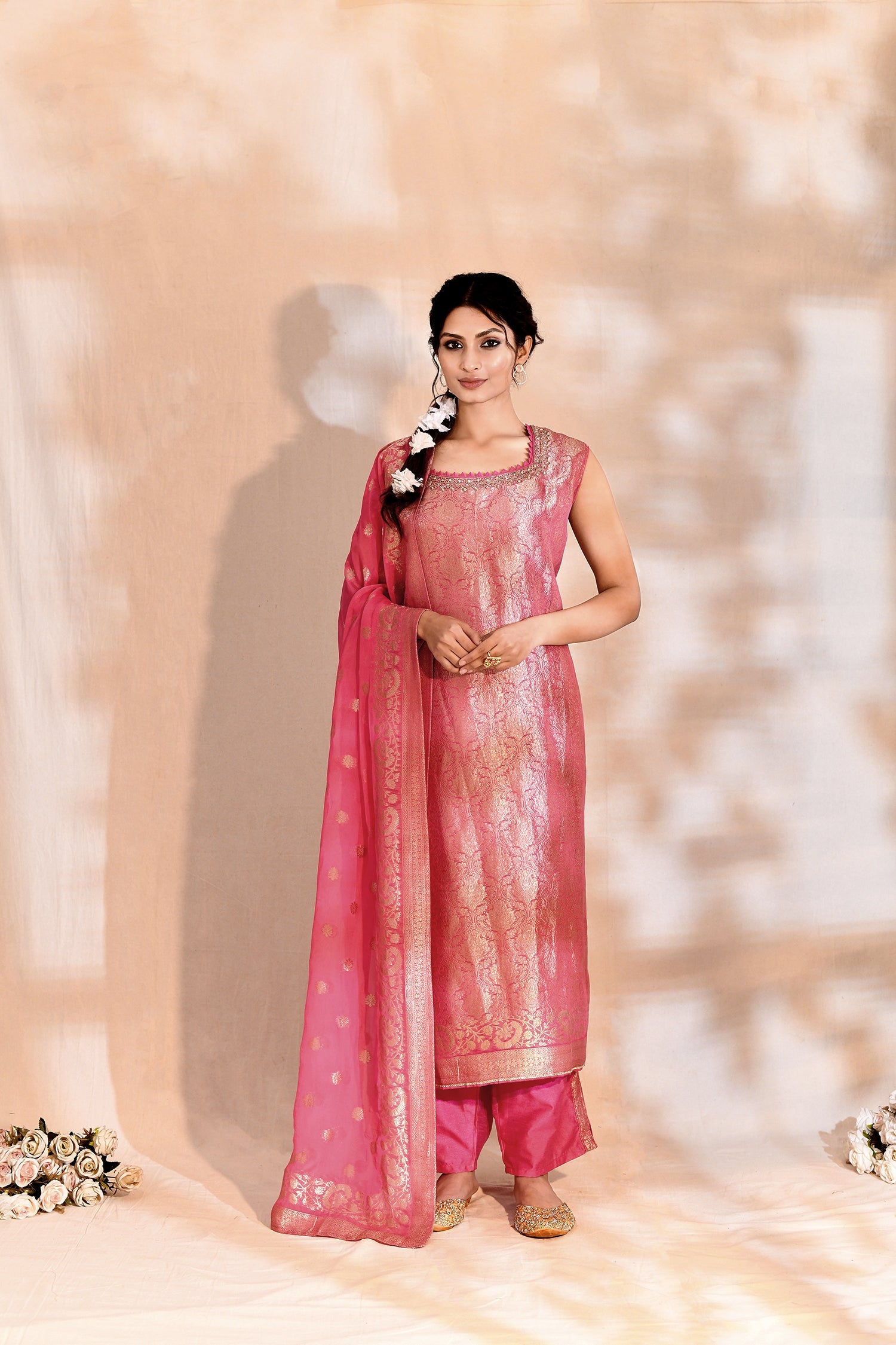 Bright Pink Tissue Silk Banarasi Kurta Set