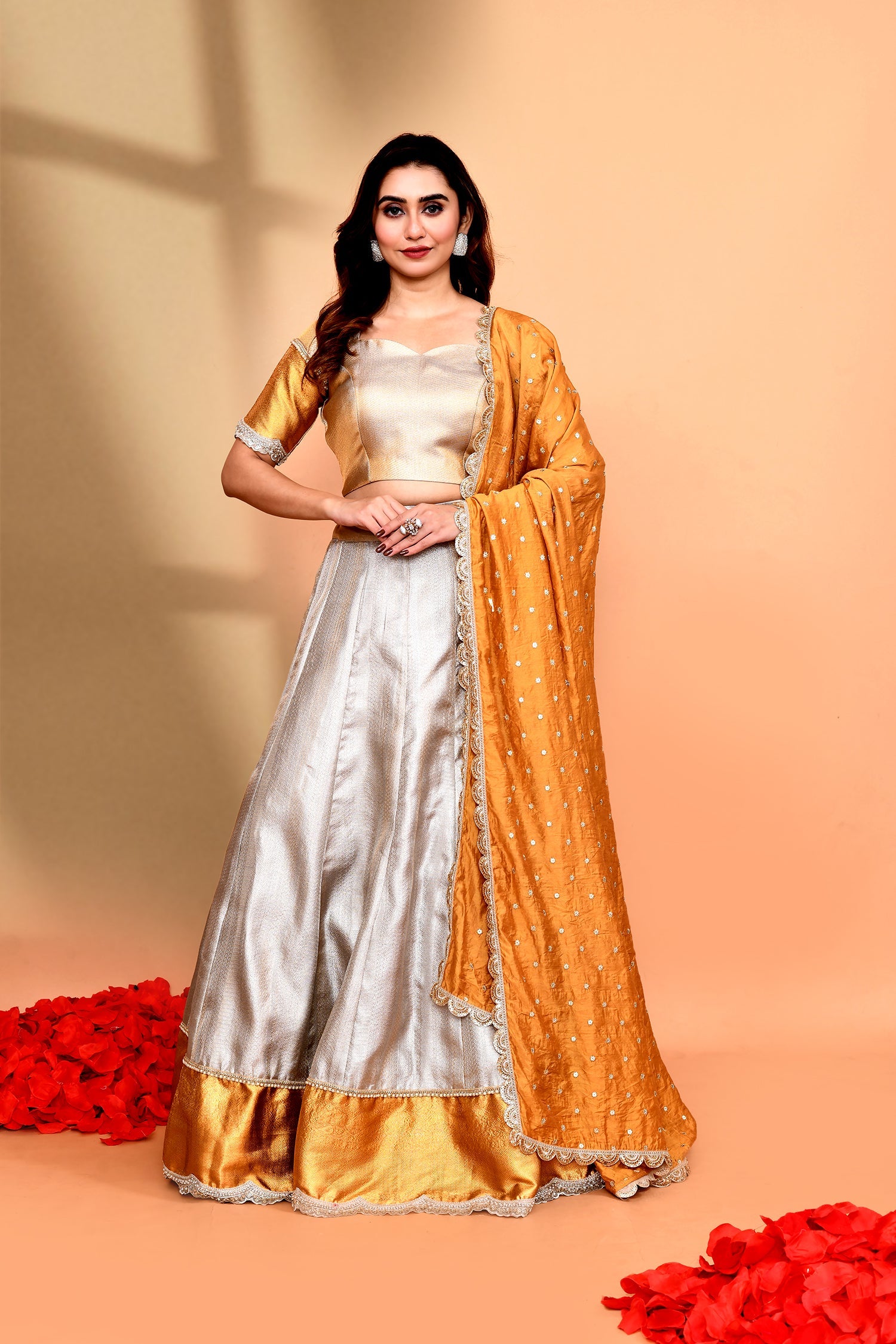Silver Tone Silk Brocade Lehenga Set
