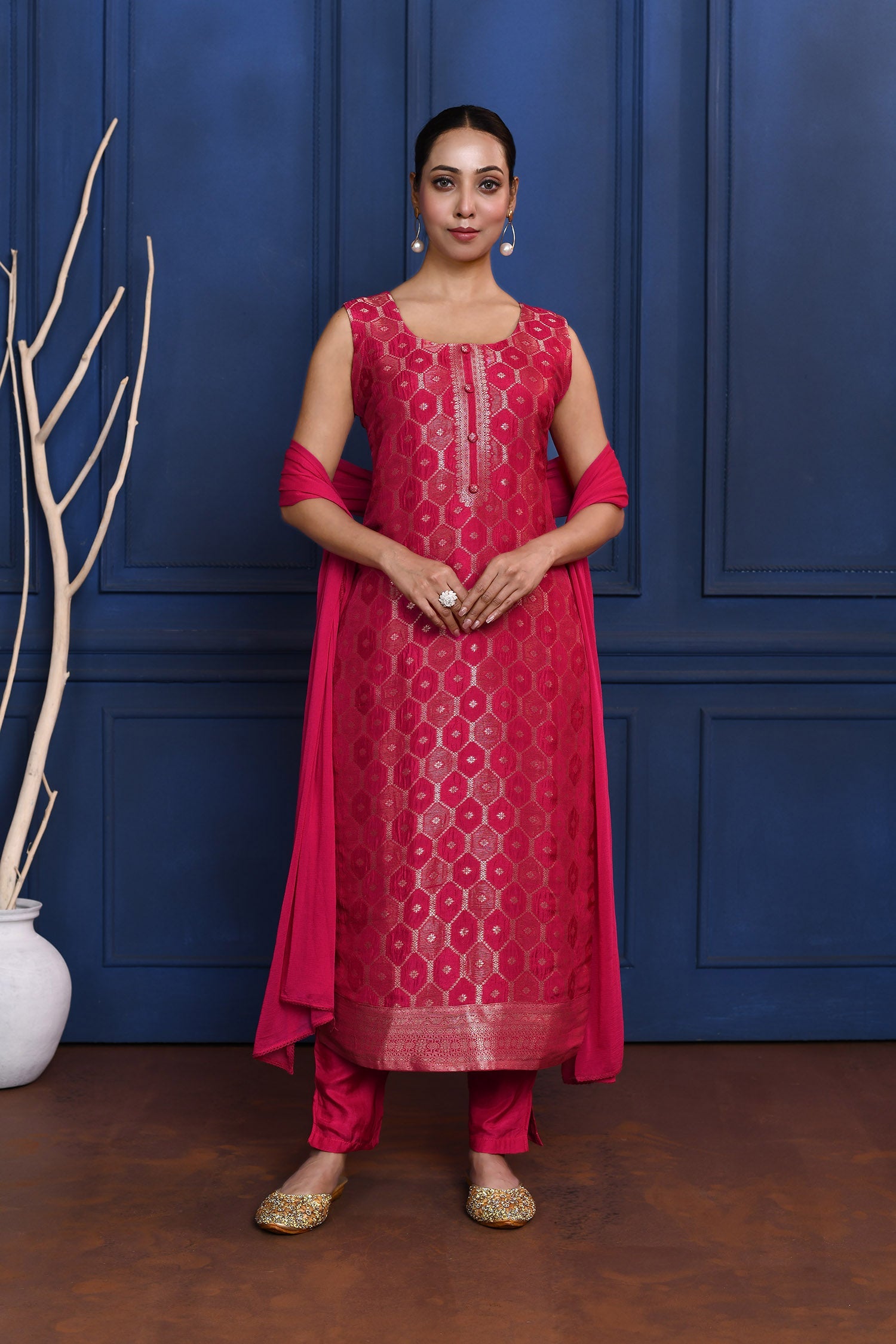 Bright Pink Zari Woven Silk Kurta Set