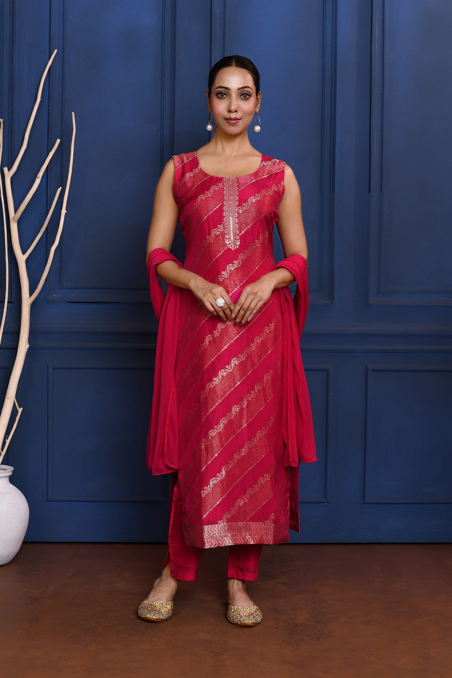 Crimson Pink Zari Woven Silk Kurta Set