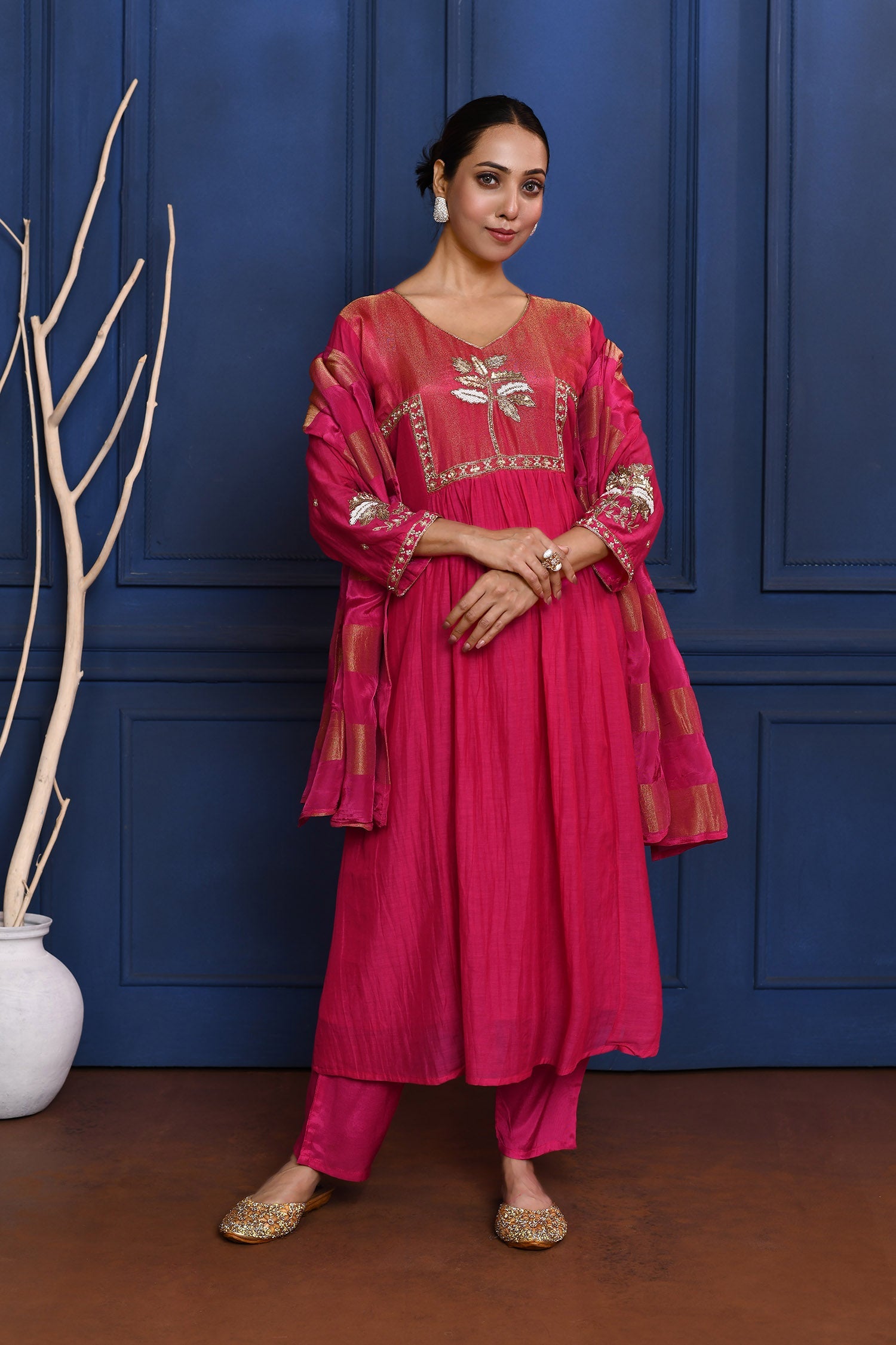 Classic Pink Floral Embroidered Silk Anarkali Set