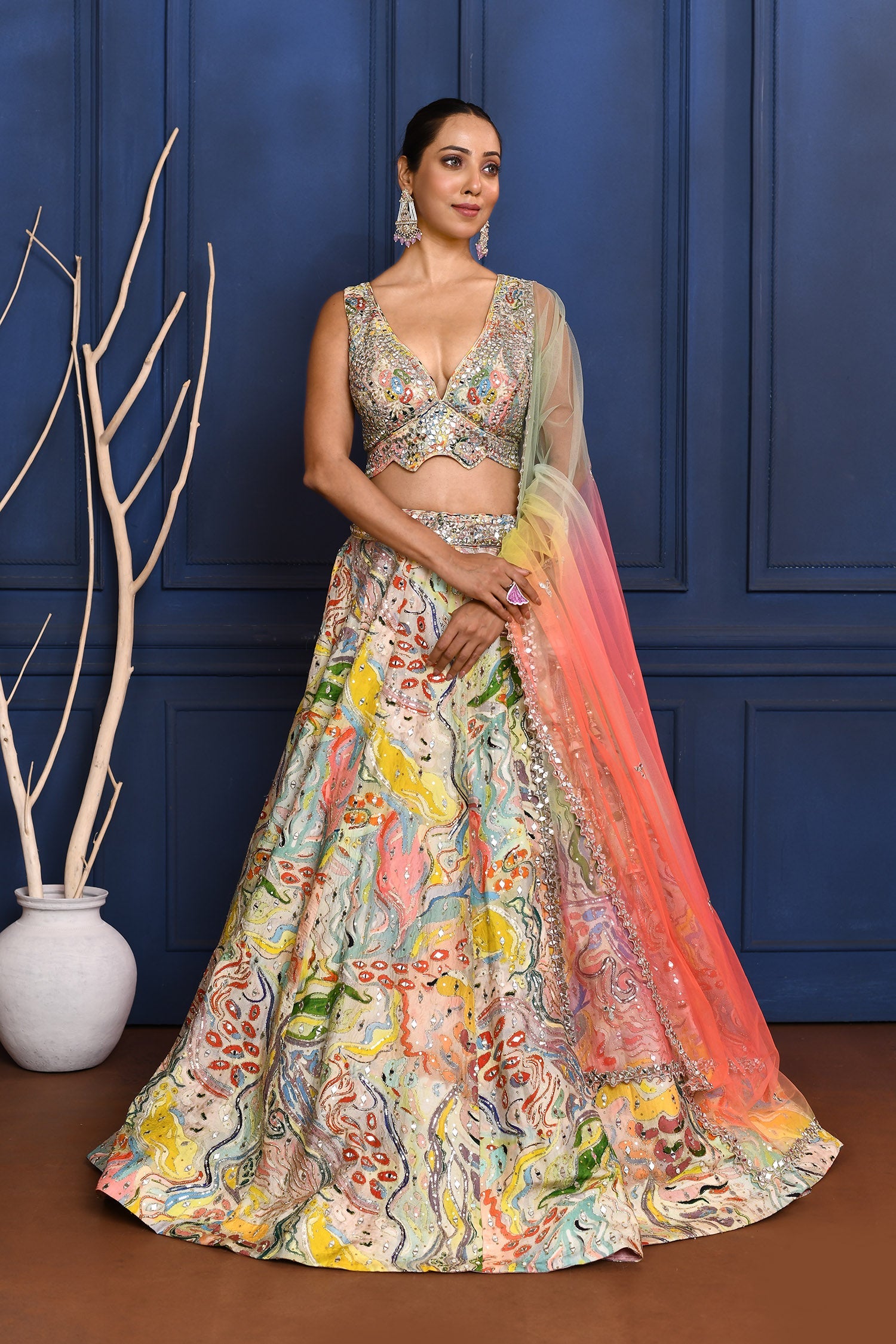 Multicolour Embroidered Crepe Lehenga Set