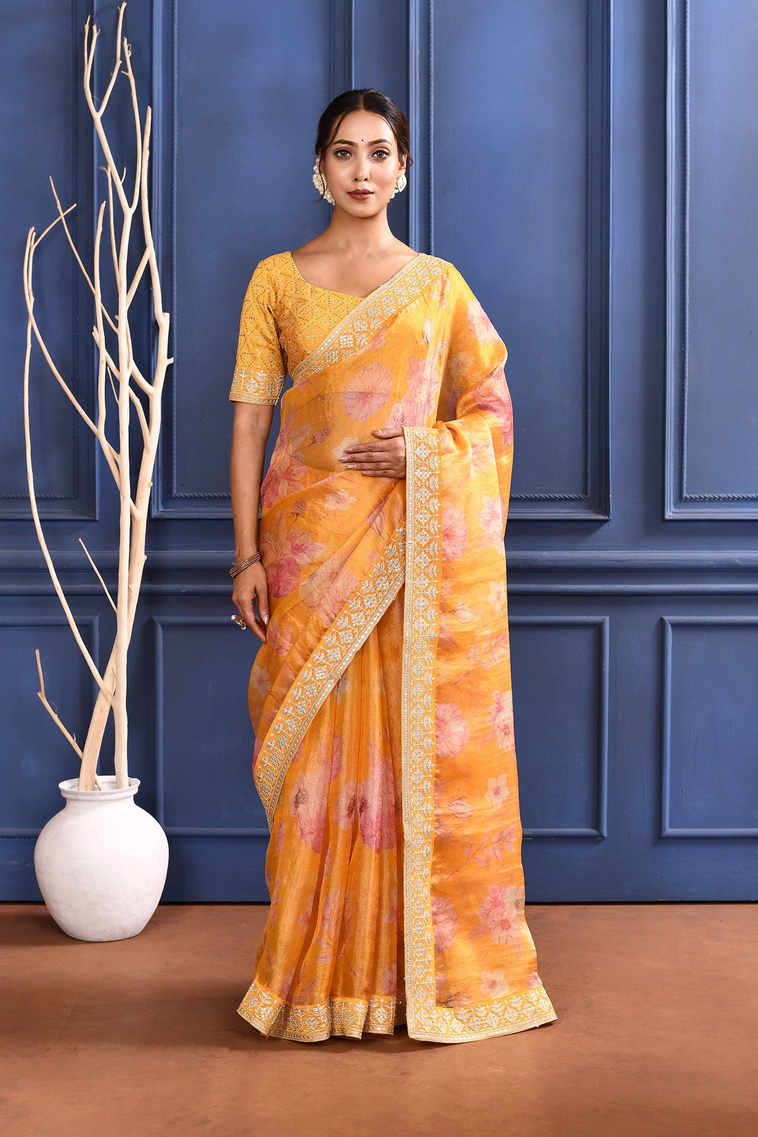 Turmeric Yellow Floral Printed Tissue Saree