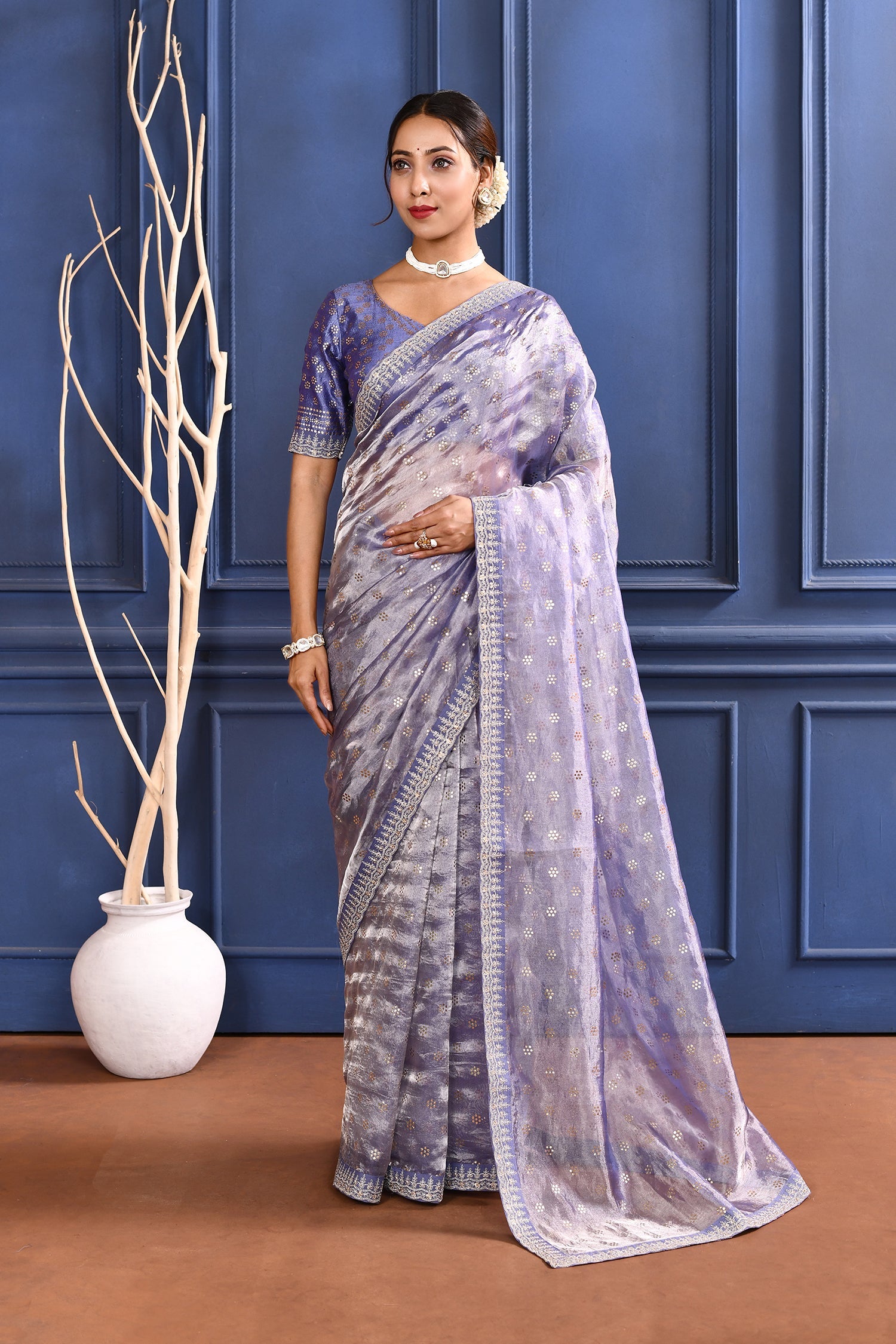 Rich Purple Embroidered Tissue Foil Saree