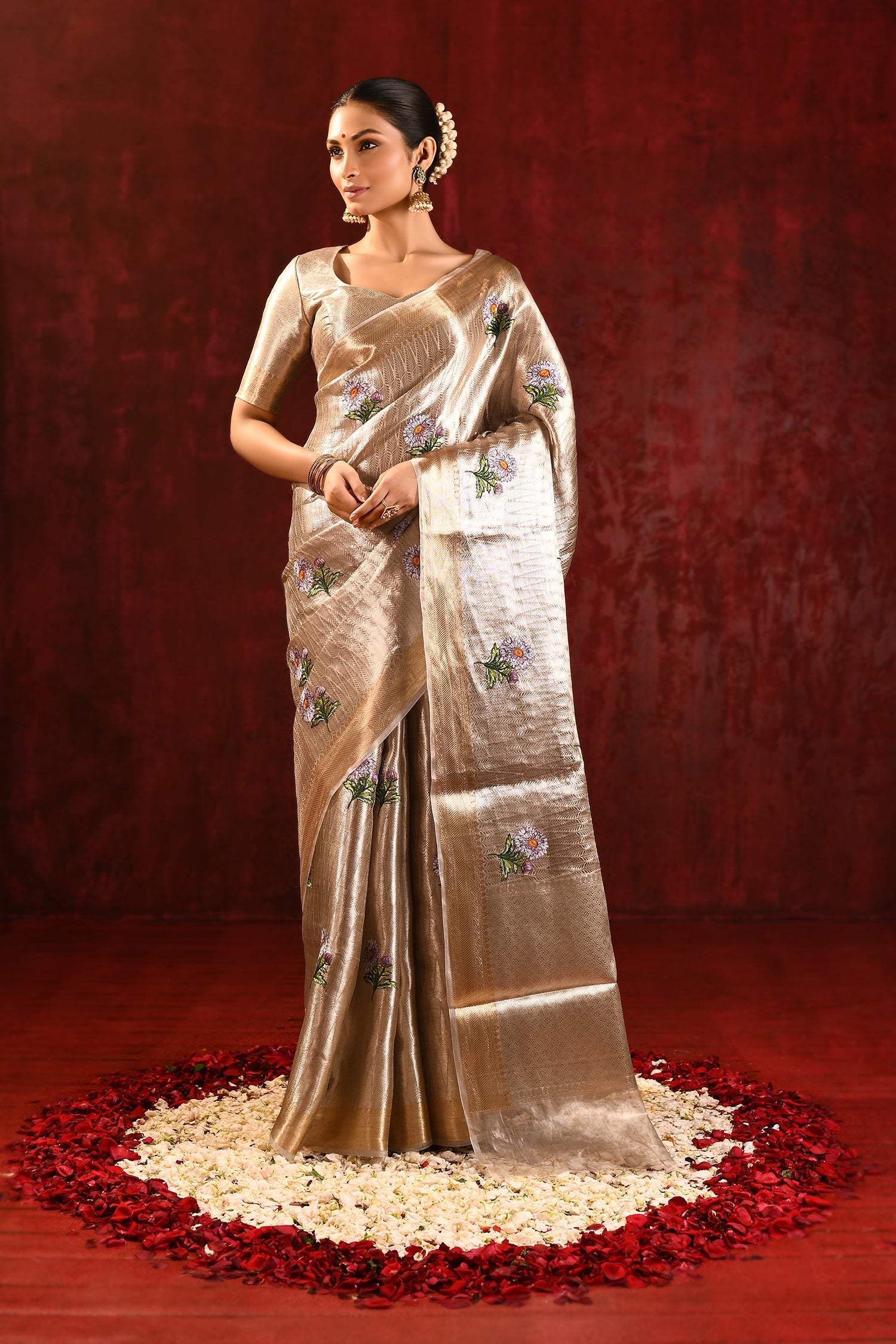 Jewel Gold Embroidered Floral Tissue Saree
