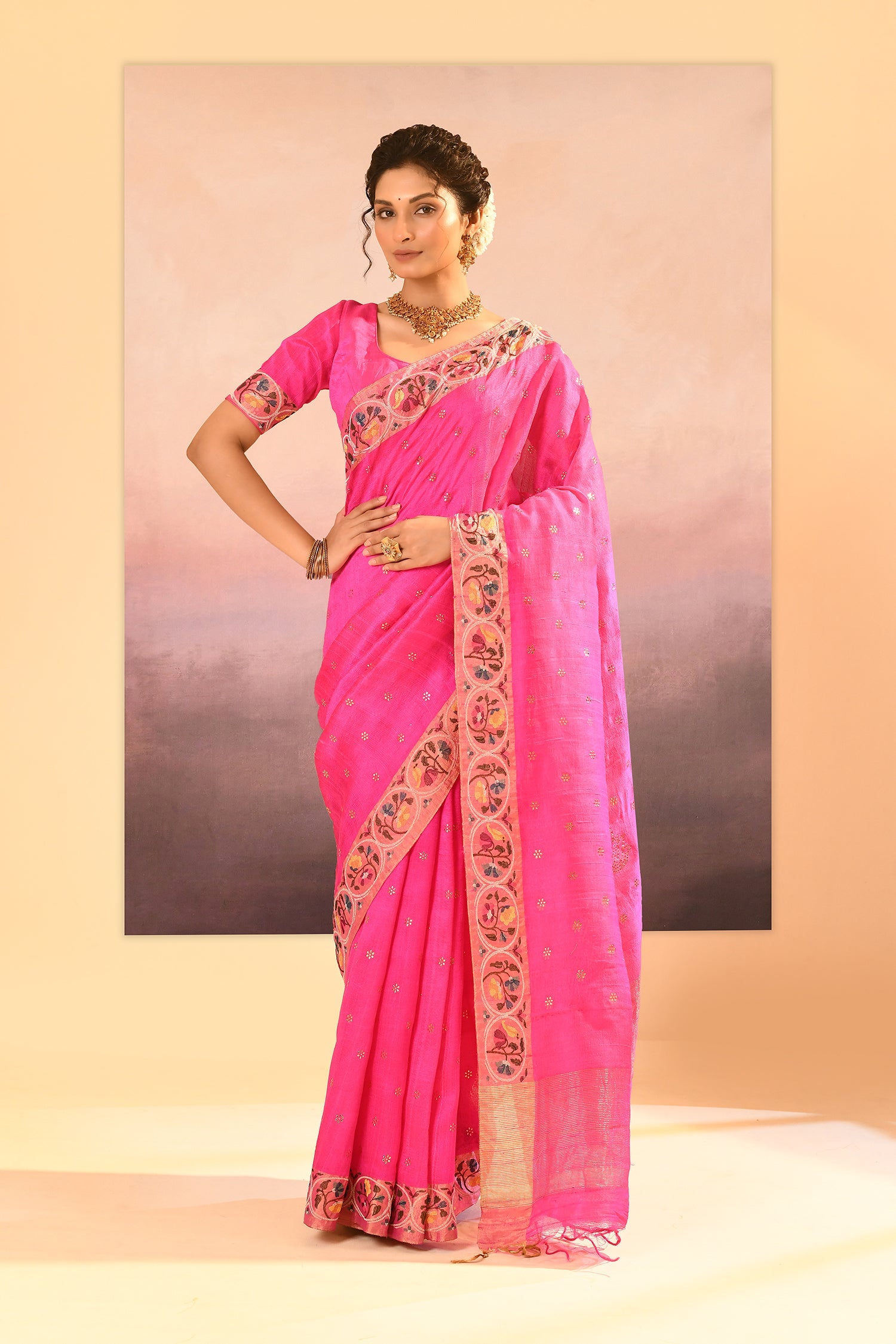 Bright Pink Foil Printed Dupion Silk Saree