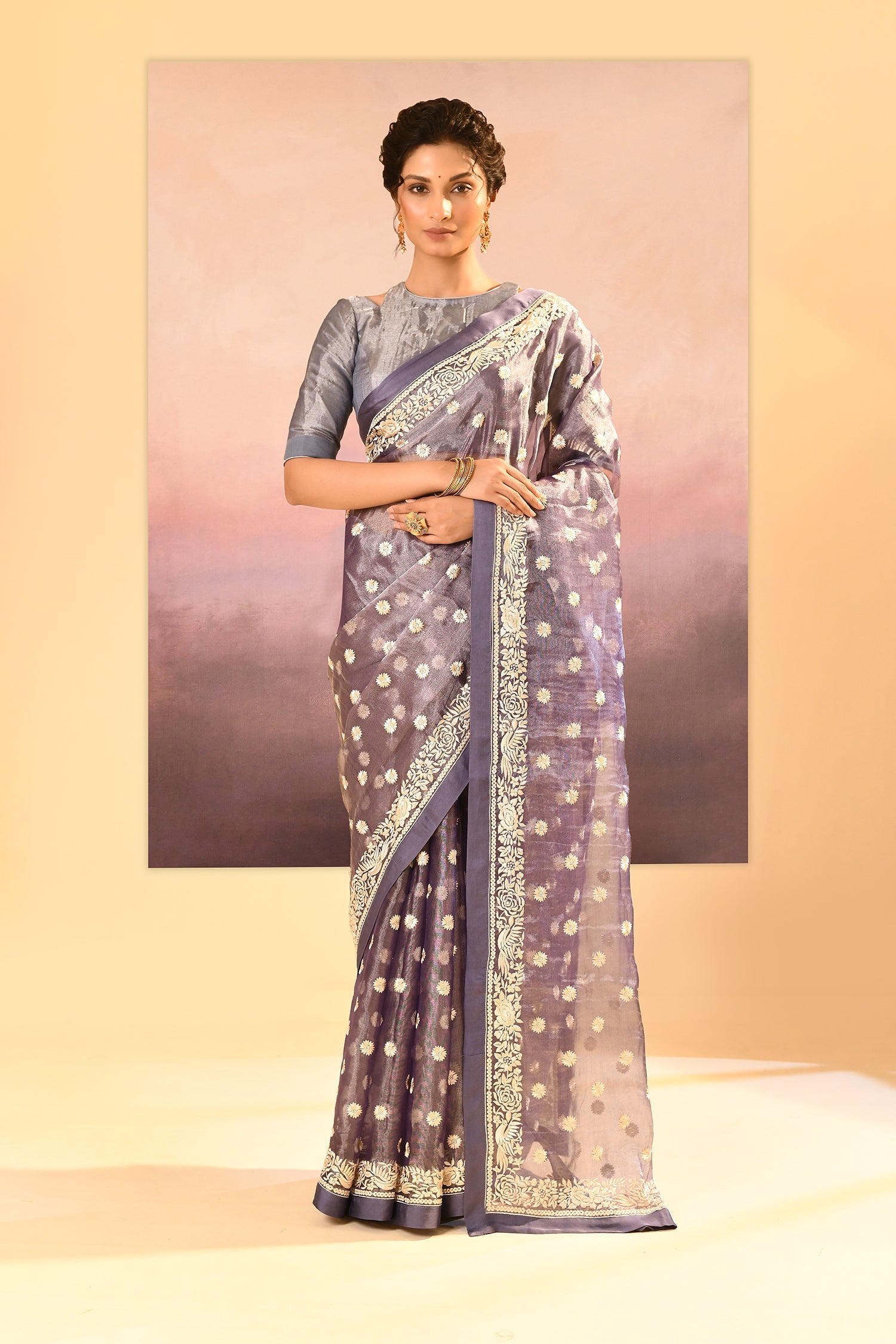 Metallic Silver Blue Tissue Embroidered Saree