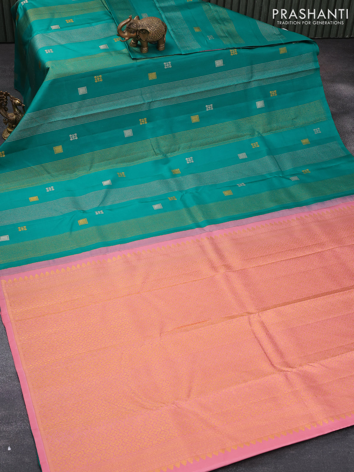 Pure kanjivaram silk saree teal green and peach orange with allover silver & gold zari weaves in borderless style