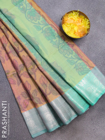 Banarasi semi tussar saree dual shade of yellow and teal green with allover ikat weaves and silver zari woven border