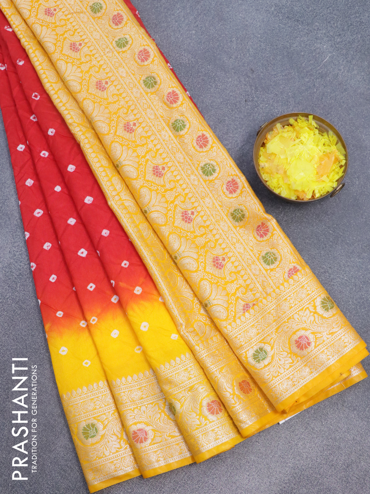 Bandhani saree red and yellow with allover bandhani prints and banarasi style border