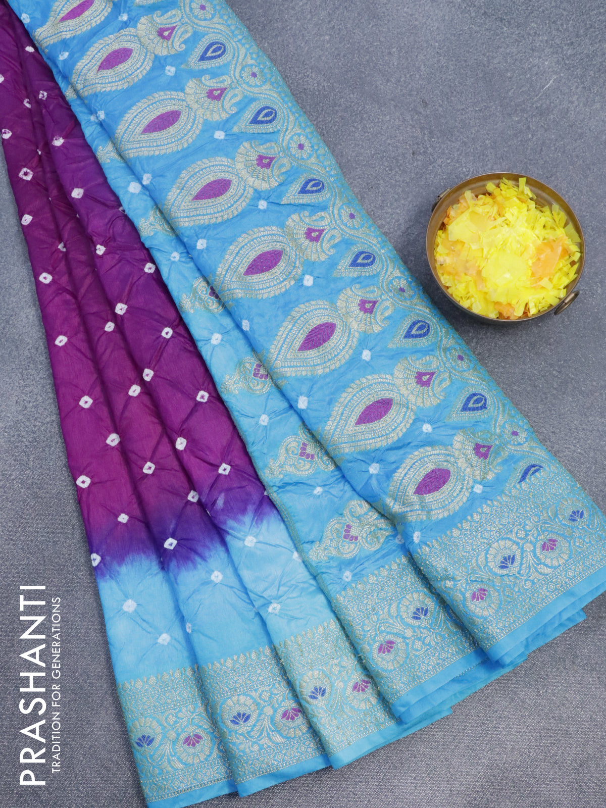 Bandhani saree purple and light blue with allover bandhani prints and banarasi style border