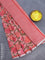 Pure linen saree peach pink and rustic orange with allover floral prints and silver zari woven piping border
