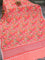 Pure linen saree peach pink and rustic orange with allover floral prints and silver zari woven piping border
