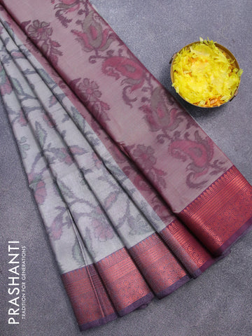 Banarasi semi tussar saree grey and wine shade with allover ikat weaves and copper zari woven border