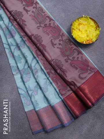 Banarasi semi tussar saree teal blue shade and wine shade with allover ikat weaves and copper zari woven border