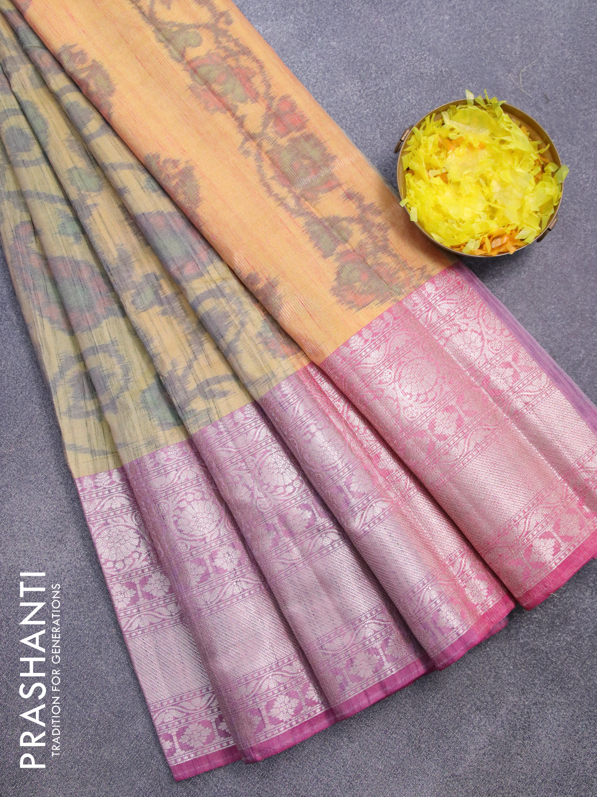 Banarasi semi tussar saree yellow shade and pink with allover ikat weaves and long zari woven border