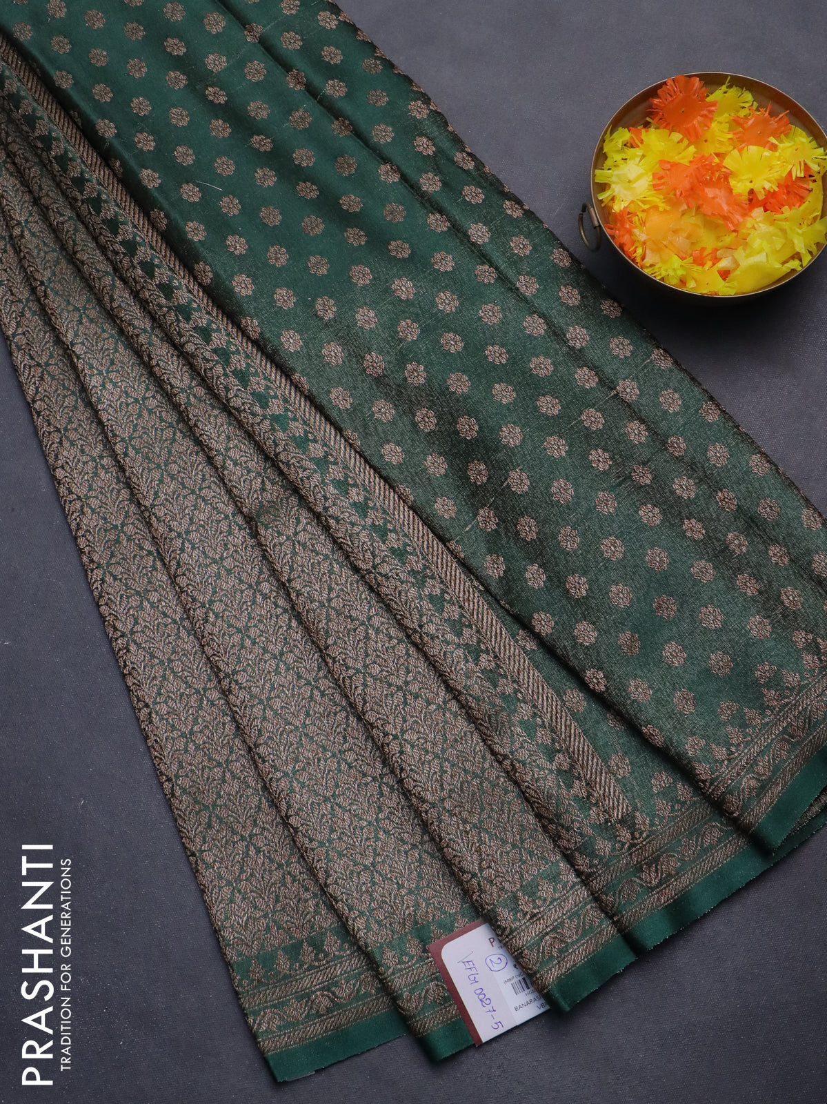 Banarasi semi crepe saree dark green with allover thread & zari woven brocade weaves and woven border