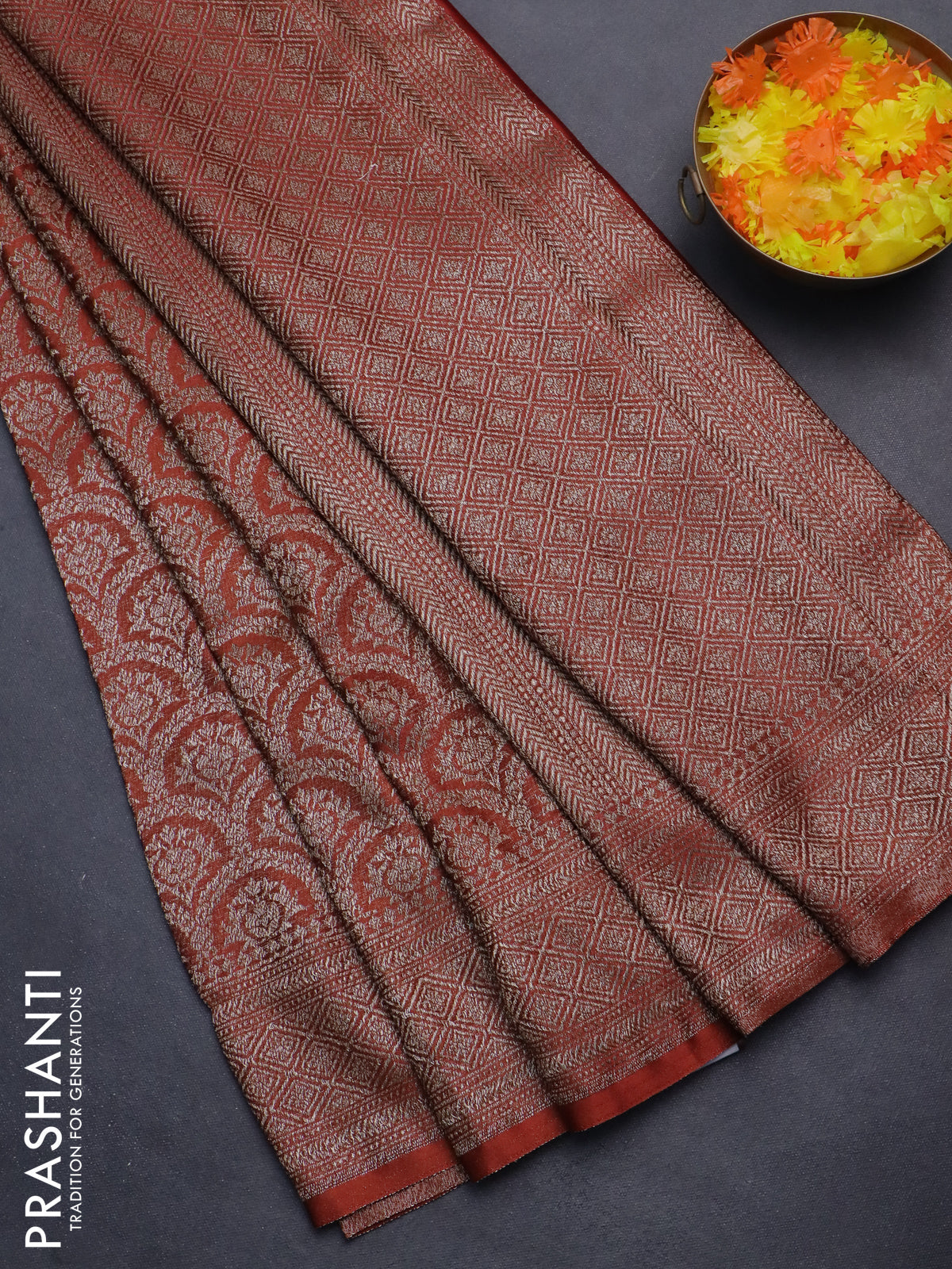 Banarasi semi crepe saree rust shade with allover thread & zari woven brocade weaves and woven border