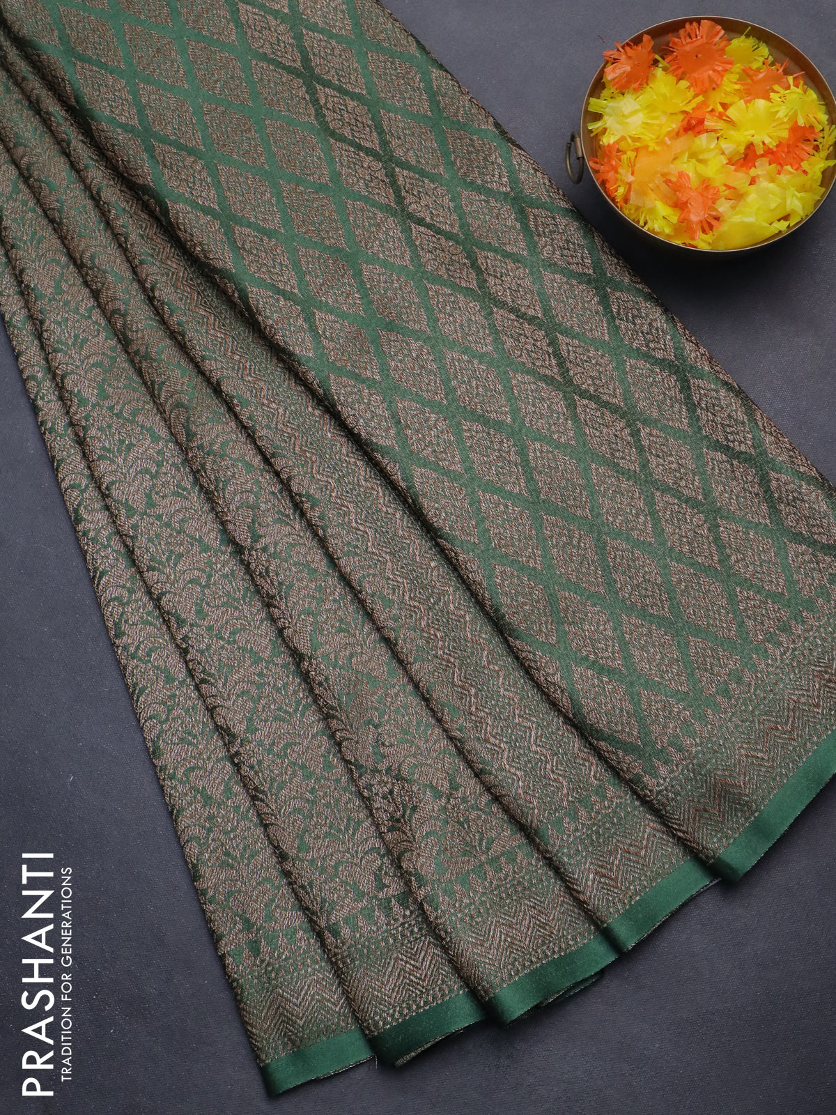 Banarasi semi crepe saree green with allover thread & zari woven brocade weaves and woven border