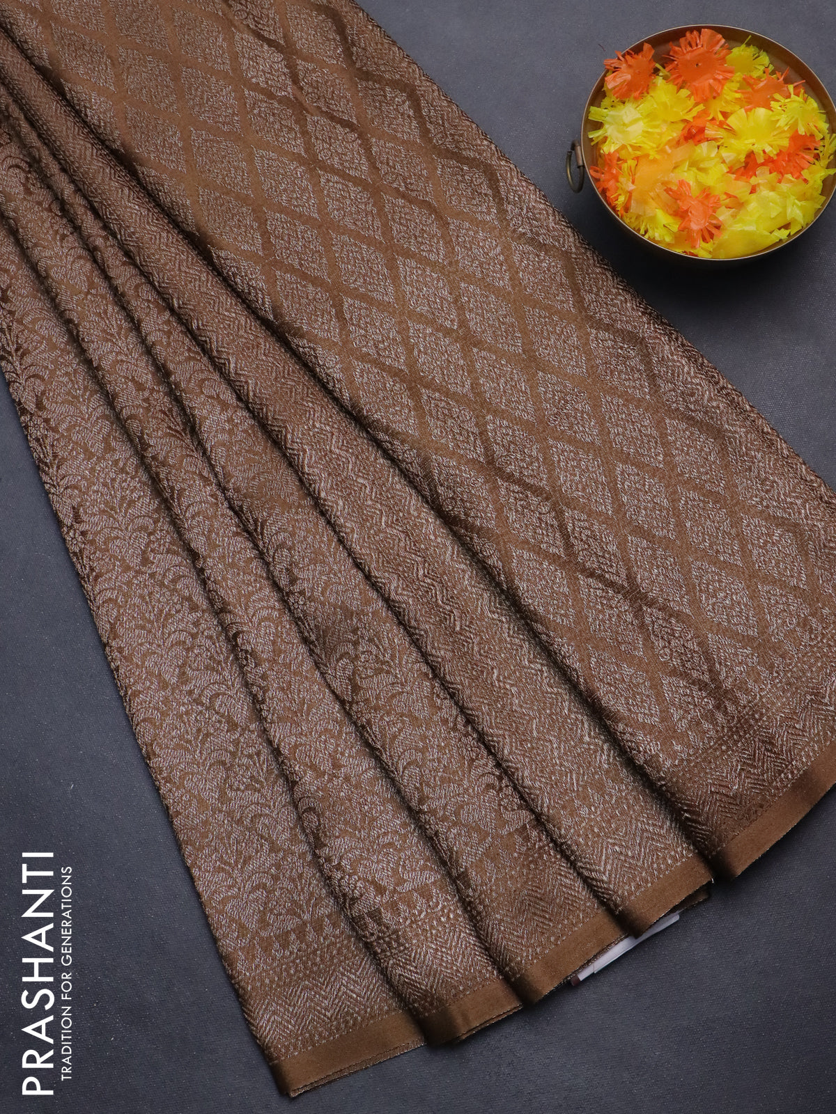 Banarasi semi crepe saree brown with allover thread & zari woven brocade weaves and woven border