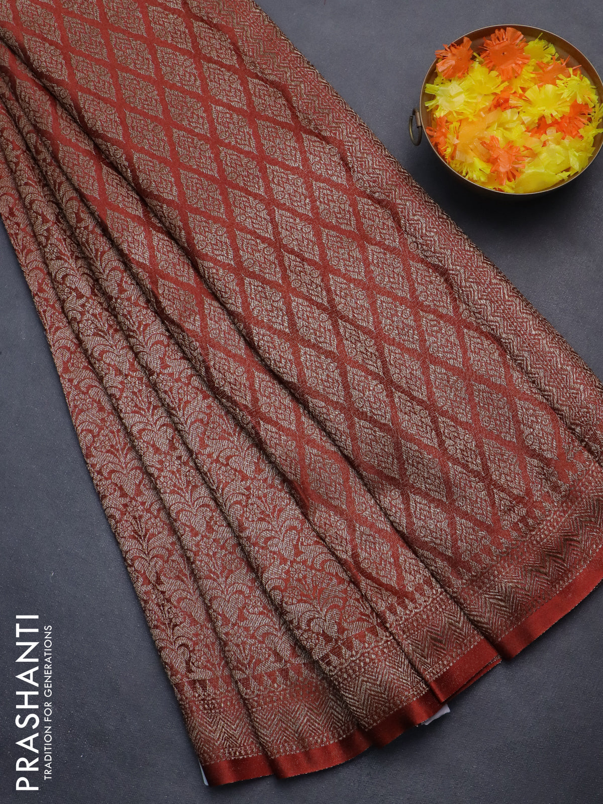 Banarasi semi crepe saree rust shade with allover thread & zari woven brocade weaves and woven border