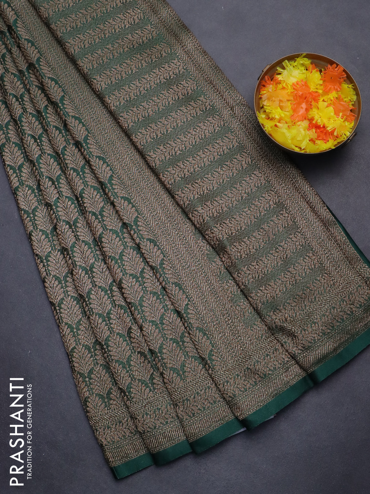 Banarasi semi crepe saree dark green with allover thread & zari woven brocade weaves and woven border