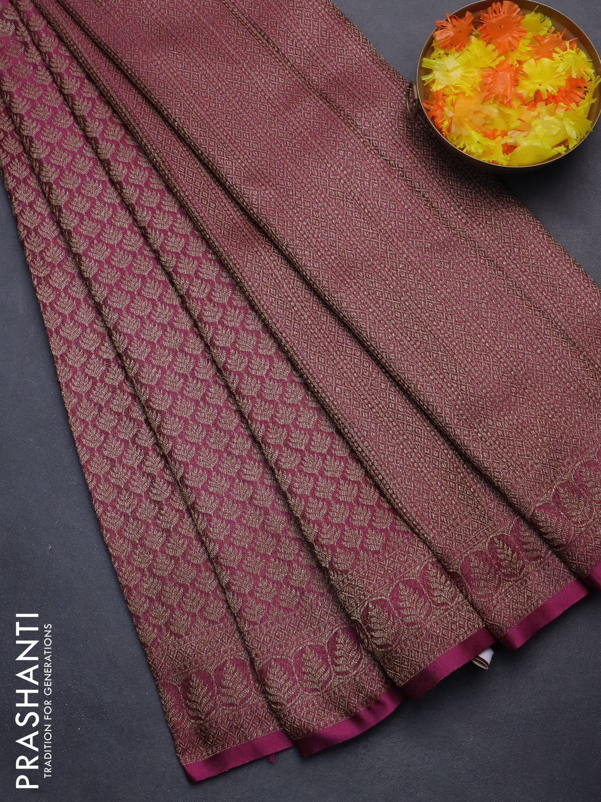 Banarasi semi crepe saree dark magenta pink with allover thread & zari woven brocade weaves and woven border