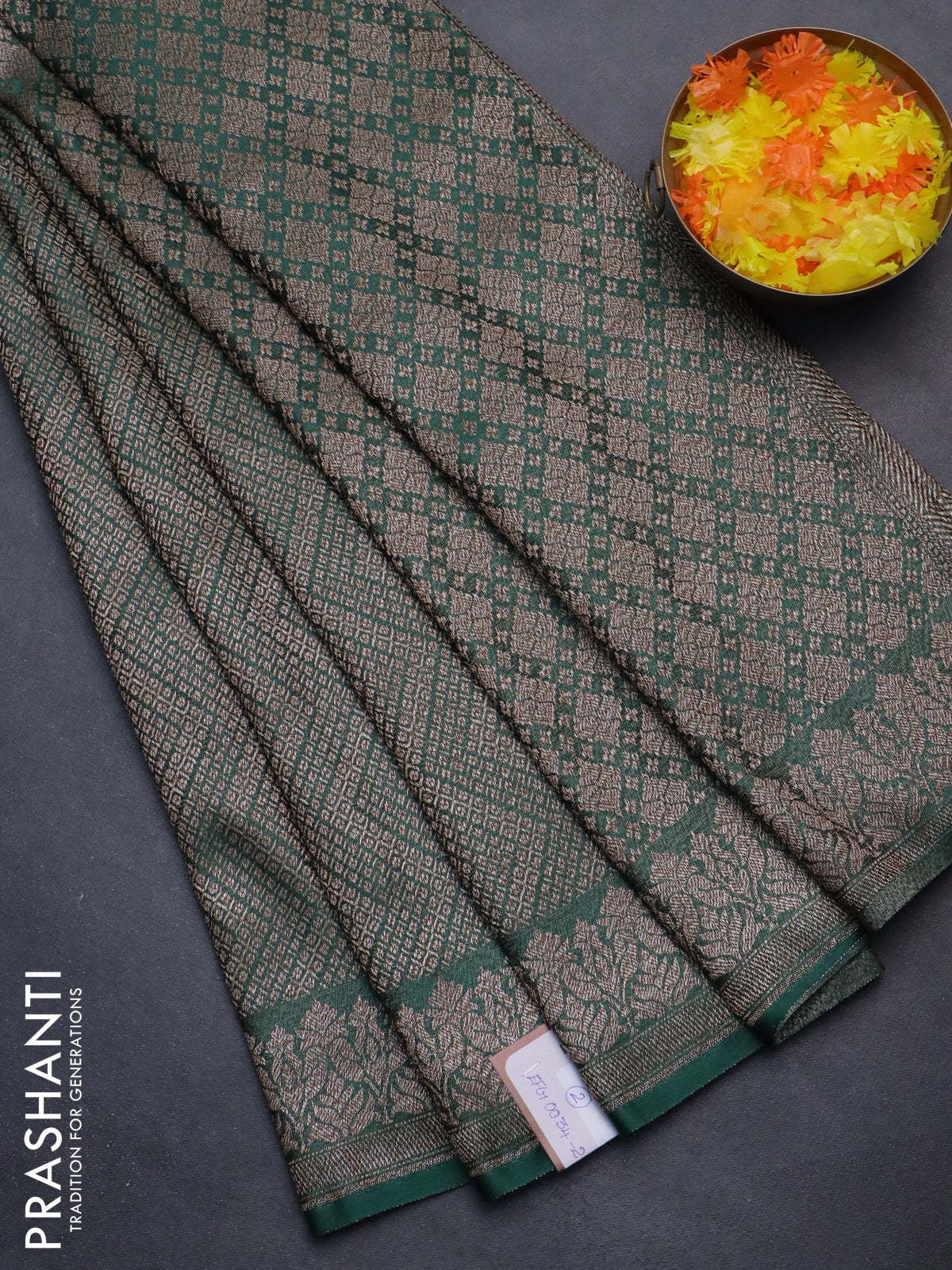 Banarasi semi crepe saree dark green with allover thread & zari woven brocade weaves and woven border